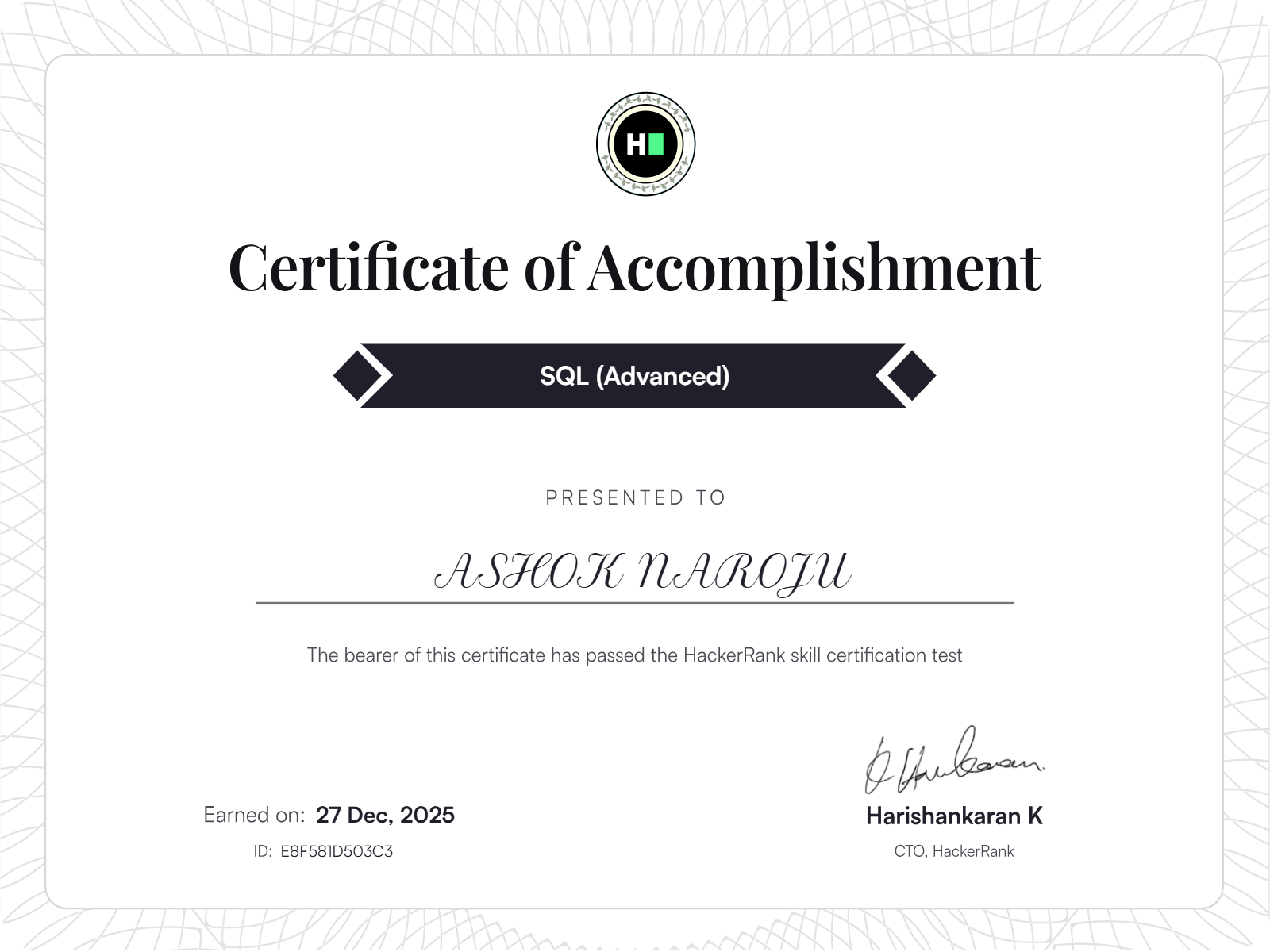 HackerRank SQL Advanced Certificate